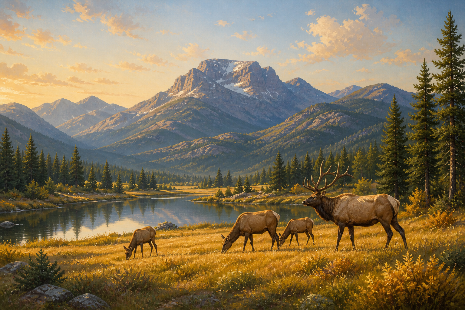 Commissioned illustration of elk in an Estes Park mountain meadow