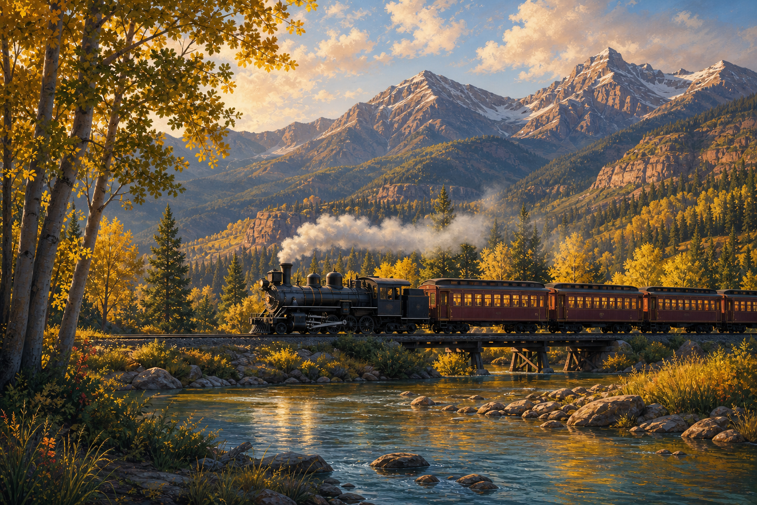 Commissioned illustration of Colorado mountain scenery and a heritage train