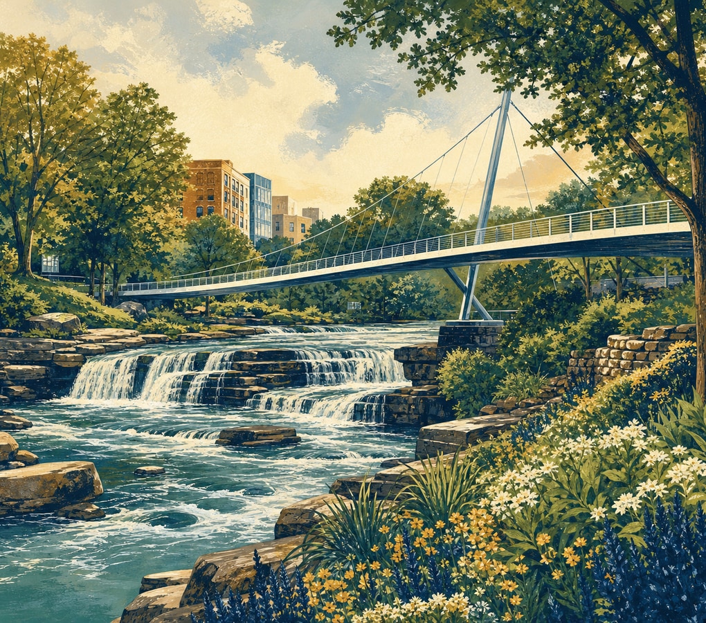 Editorial illustration of Liberty Bridge and the Reedy River in Greenville